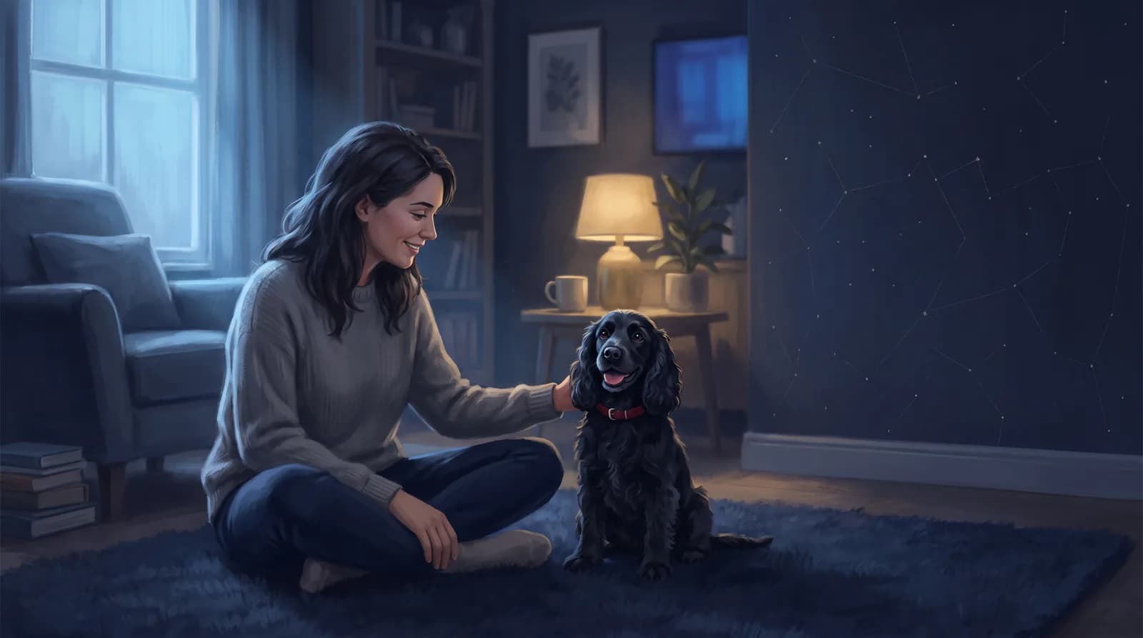 A woman sits on a rug at home in the evening, smiling down at her black curly-coated spaniel beside her.